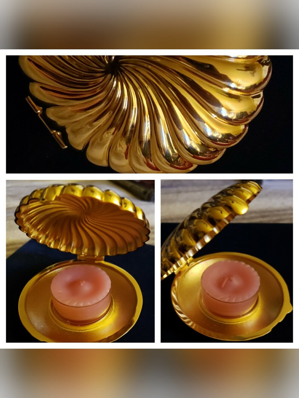 Gold Shell Tea Light Holder with Pink Candle - Unbranded